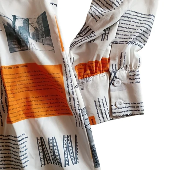 HALFHEART Shirt Dress Newspaper Print Button Down White Orange Gray LARGE - Picture 5 of 9
